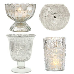 Vintage Glam Mercury Glass Tealight Votive Candle Holders (Silver, Set Of 4, Assorted Designs And Sizes) - Weddings, Events, Parties, And Home Décor