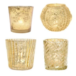 Royal Flush Mercury Glass Tealight Votive Candle Holders (Gold, Set Of 4, Assorted Designs And Sizes) - For Weddings, Events, Parties, And Home D̩ecor, Ideal Housewarming Gift
