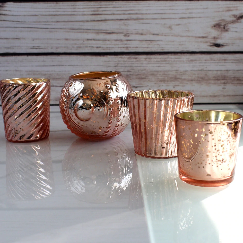 Royal Flush Mercury Glass Tealight Votive Candle Holders (Rose Gold Pink, Set Of 4, Assorted Designs And Sizes) - For Weddings, Events, Parties, And Home Décor, Ideal Housewarming Gift 4 Royal Flush Mercury Glass Tealight Votive Candle Holders (Rose Gold Pink, Set Of 4, Assorted Designs And Sizes) - For Weddings, Events, Parties, And Home Décor, Ideal Housewarming Gift - Image 2
