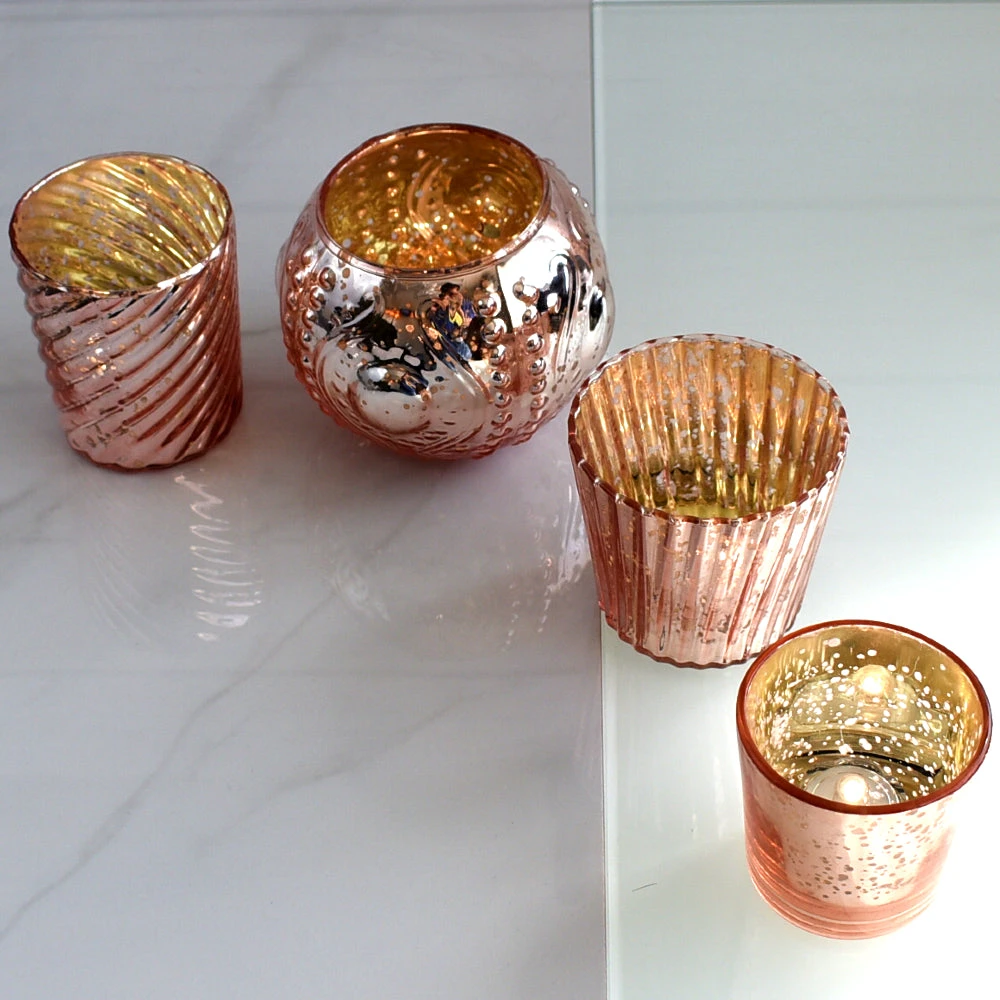 Royal Flush Mercury Glass Tealight Votive Candle Holders (Rose Gold Pink, Set Of 4, Assorted Designs And Sizes) - For Weddings, Events, Parties, And Home Décor, Ideal Housewarming Gift 5 Royal Flush Mercury Glass Tealight Votive Candle Holders (Rose Gold Pink, Set Of 4, Assorted Designs And Sizes) - For Weddings, Events, Parties, And Home Décor, Ideal Housewarming Gift - Image 3