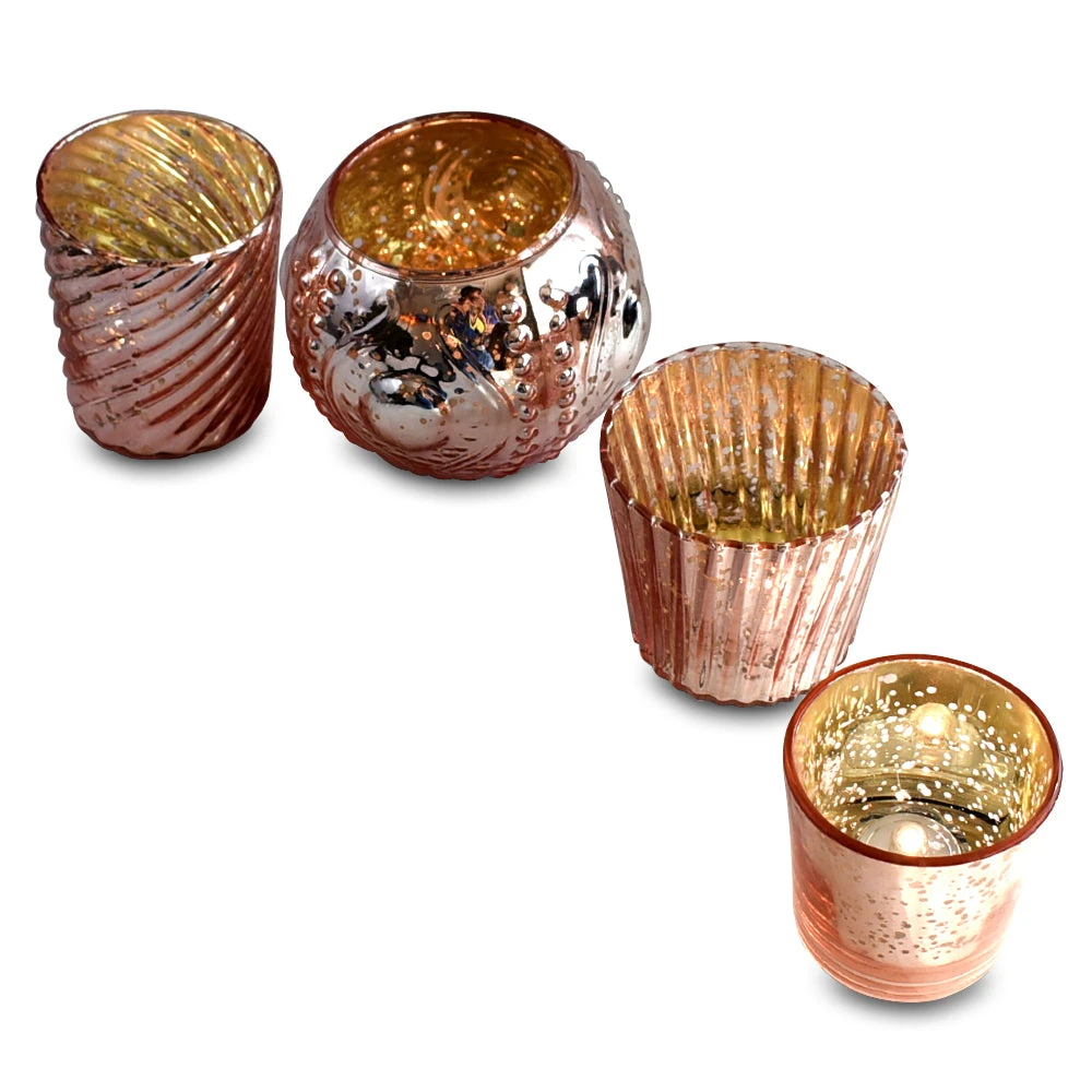 Royal Flush Mercury Glass Tealight Votive Candle Holders (Rose Gold Pink, Set Of 4, Assorted Designs And Sizes) - For Weddings, Events, Parties, And Home Décor, Ideal Housewarming Gift 3 Royal Flush Mercury Glass Tealight Votive Candle Holders (Rose Gold Pink, Set Of 4, Assorted Designs And Sizes) - For Weddings, Events, Parties, And Home Décor, Ideal Housewarming Gift