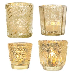 Vintage Chic Mercury Glass Tealight Votive Candle Holders (Gold, Set Of 4, Assorted Designs And Sizes) - Weddings, Events, Parties, And Home Décor