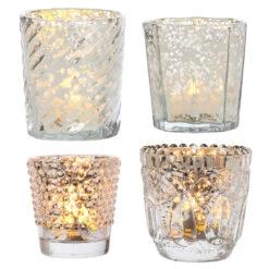Vintage Chic Mercury Glass Tealight Votive Candle Holders (Silver, Set Of 4, Assorted Designs And Sizes) - For Weddings, Events, Parties, And Home Décor, Ideal Housewarming Gift