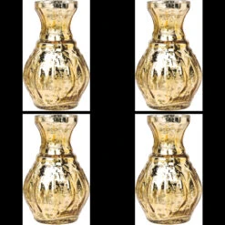 4 Pack | Vintage Mercury Glass Vases (4-Inch, Bernadette Mini Ribbed Design, Gold) - Decorative Flower Vase - For Home Decor And Wedding Centerpieces