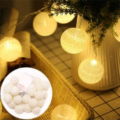 BLOWOUT 5.5 FT | 10 LED Battery Operated White Round Cotton Ball String Lights With Timer -Lights Decor Shop led cotton ball string light decoration white battery image 5