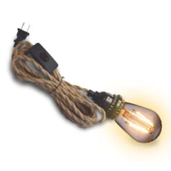 15FT Jute Rope Pendant Light Lamp, Switch, With LED Bulbs And Lamp Cord Light Included