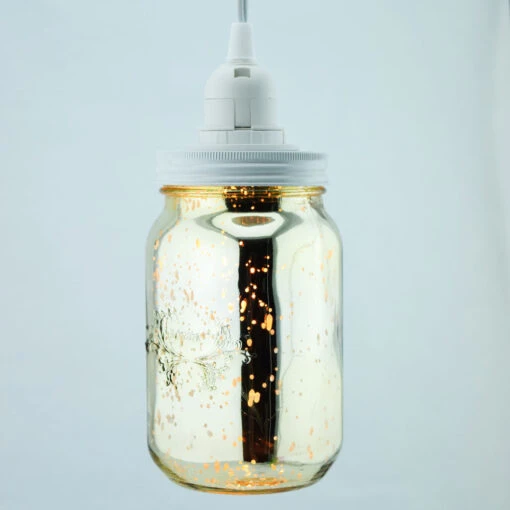 Gold Mercury Glass Mason Jar Pendant Light Kit, Regular Mouth, White Cord, 15FT -Lights Decor Shop mason jar pendant light regular gold mercury white