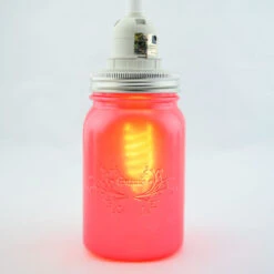 BLOWOUT Fantado Frosted Fuchsia / Hot Pink Mason Jar Pendant Light Kit, Regular Mouth, Clear Cord, 15FT