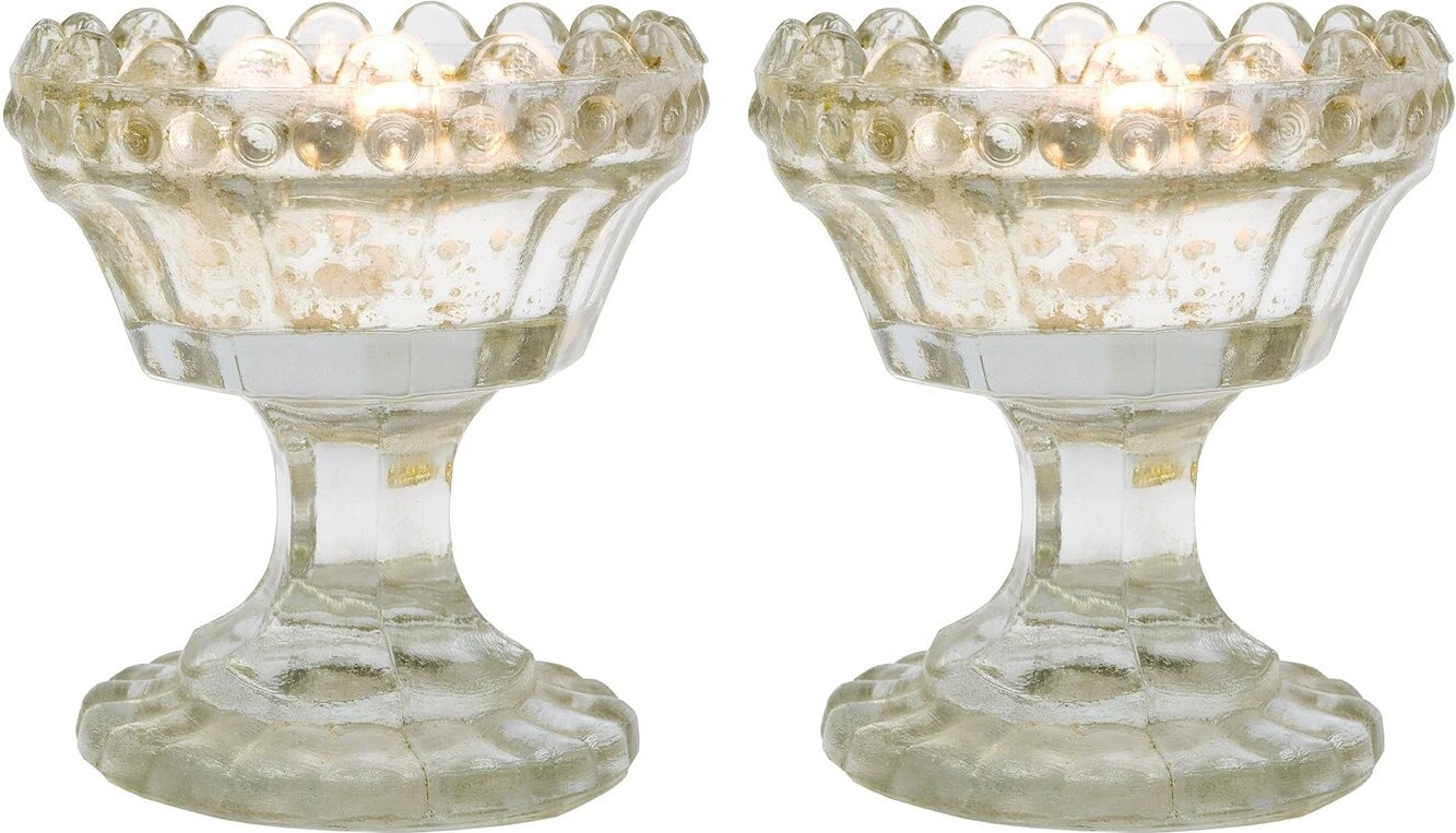 BLOWOUT 2 PACK | Vintage Mercury Glass Candle Holder (3-Inch, Charlene Chalice Design, Silver) - For Use With Tea Lights - For Home Decor, Parties, And Wedding Decorations 3 BLOWOUT 2 PACK | Vintage Mercury Glass Candle Holder (3-Inch, Charlene Chalice Design, Silver) - For Use With Tea Lights - For Home Decor, Parties, And Wedding Decorations