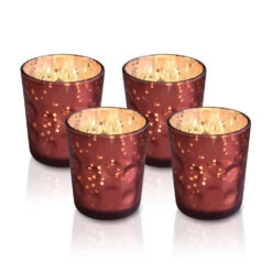 4 Pack | Vintage Mercury Glass Candle Holders (3-Inch, Tess Design, Rustic Copper Red) - For Use With Tea Lights - For Home Décor, Parties And Wedding Decorations