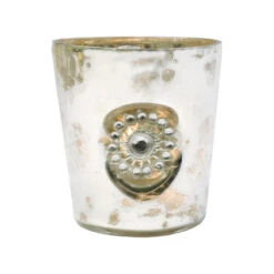 BLOWOUT Vintage Bejewelled Mercury Glass Candle Holder (3-Inch, Mae Design, Sun Motif, Silver) - For Use With Tea Lights - For Home Decor, Parties And Wedding Decorations