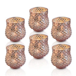 6 Pack | Vintage Mercury Glass Vase And Candle Holders (3-Inch, Small Ruby, Rose Gold Pink)- For Use With Tea Lights - For Home Decor, Parties And Wedding Decorations