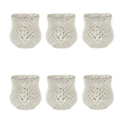 6 Pack | Vintage Mercury Glass Candle Holders (3-Inch, Small Ruby Design, Silver) - Decorative Candle Holder - For Home Decor And Wedding Centerpieces