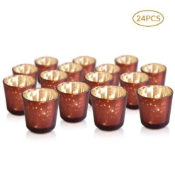 24 Pack | Vintage Mercury Glass Candle Holders (2.5-Inch, Lila Design, Liquid Motif, Rustic Copper Red) - For Use With Tea Lights - For Parties, Weddings And Homes