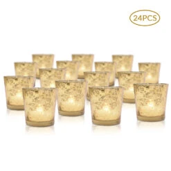 24 Pack | Vintage Mercury Glass Candle Holders (2.5-Inch, Lila Design, Liquid Motif, Gold) - For Use With Tea Lights - For Parties, Weddings And Homes