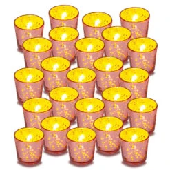 24 Pack | Vintage Mercury Glass Candle Holders (2.5-Inch, Lila Design, Liquid Motif, Rose Gold Pink) - For Use With Tea Lights - For Parties, Weddings And Homes