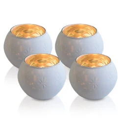 BLOWOUT 4 Pack | Vintage Mercury Glass Globe Candle Holders (3-Inch, Mary Design, Antique White) - For Use With Tea Lights - Home Decor, Parties And Wedding Decorations