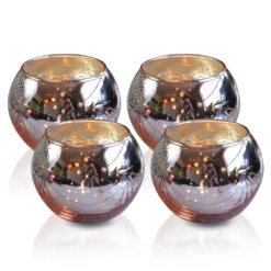 4 Pack | Vintage Mercury Glass Globe Candle Holders (3-Inch, Mary Design, Rose Gold Pink) - For Use With Tea Lights - Home Decor, Parties And Wedding Decorations