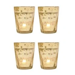 4 Pack | Vintage Mercury Glass Candle Holders (3.25-Inch, Katelyn Design, Column Motif, Gold) - For Use With Tea Lights