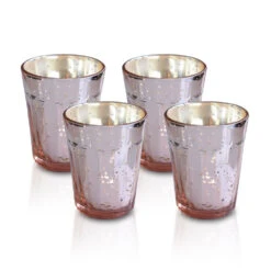4 Pack | Vintage Mercury Glass Candle Holders (3.25-Inch, Katelyn Design, Column Motif, Rose Gold Pink) - For Use With Tea Lights
