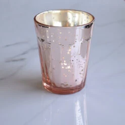 4 Pack | Vintage Mercury Glass Candle Holders (3.25-Inch, Katelyn Design, Column Motif, Rose Gold Pink) - For Use With Tea Lights -Lights Decor Shop v25rg 4pk mercury candle holder katelyn rose gold image 2