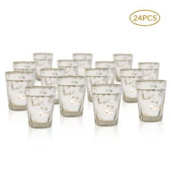 24 Pack | Vintage Mercury Glass Candle Holders (3.25-Inch, Katelyn Design, Column Motif, Silver)