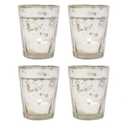 4 Pack | Vintage Mercury Glass Candle Holders (3.25-Inch, Katelyn Design, Column Motif, Silver) - For Use With Tea Lights - For Home Decor, Parties, And Wedding Decorations