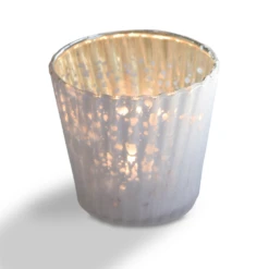 Vintage Mercury Glass Candle Holder (3-Inch, Caroline Design, Vertical Motif, Pearl White) - For Use With Tea Lights - Home Decor, Parties And Wedding Decorations