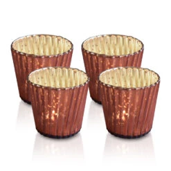 4 Pack | Vintage Mercury Glass Candle Holders (3-Inch, Caroline Design, Vertical Motif, Rustic Red Copper) - For Use With Tea Lights - Home Decor, Parties And Wedding Decorations