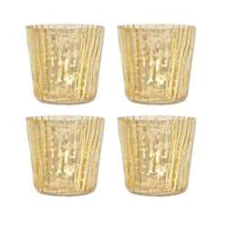 4 Pack | Vintage Mercury Glass Candle Holders (3-Inch, Caroline Design, Vertical Motif, Gold) - For Use With Tea Lights - Home Decor, Parties And Wedding Decorations