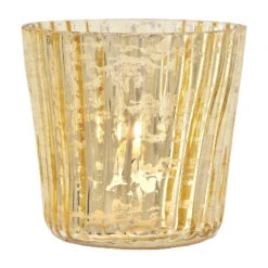 Vintage Mercury Glass Candle Holder (3-Inch, Caroline Design, Vertical Motif, Gold) - For Use With Tea Lights - Home Decor, Parties And Wedding Decorations