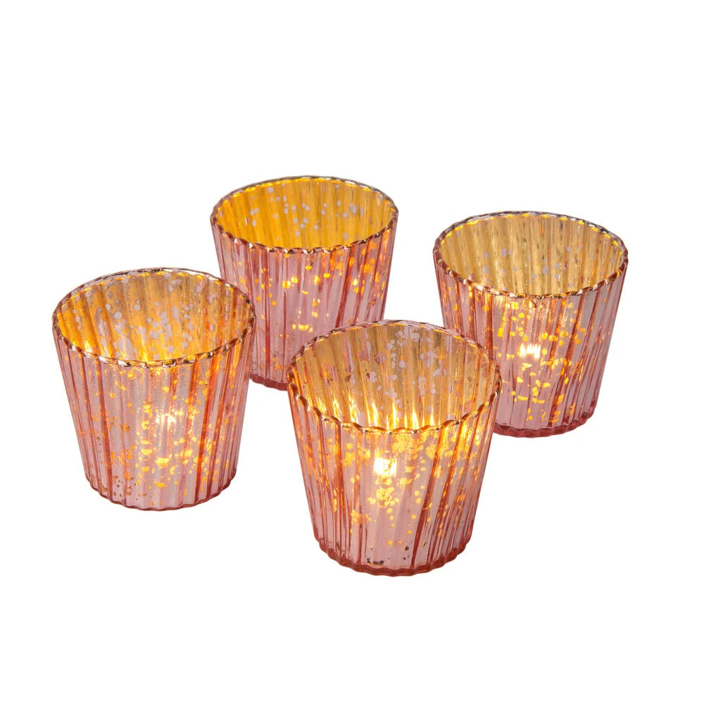 4 Pack | Vintage Mercury Glass Candle Holders (3-Inch, Caroline Vertical Design, Rose Gold Pink) - For Use With Tea Lights - Home Decor, Parties And Wedding Decorations 4 4 Pack | Vintage Mercury Glass Candle Holders (3-Inch, Caroline Vertical Design, Rose Gold Pink) - For Use With Tea Lights - Home Decor, Parties And Wedding Decorations - Image 2