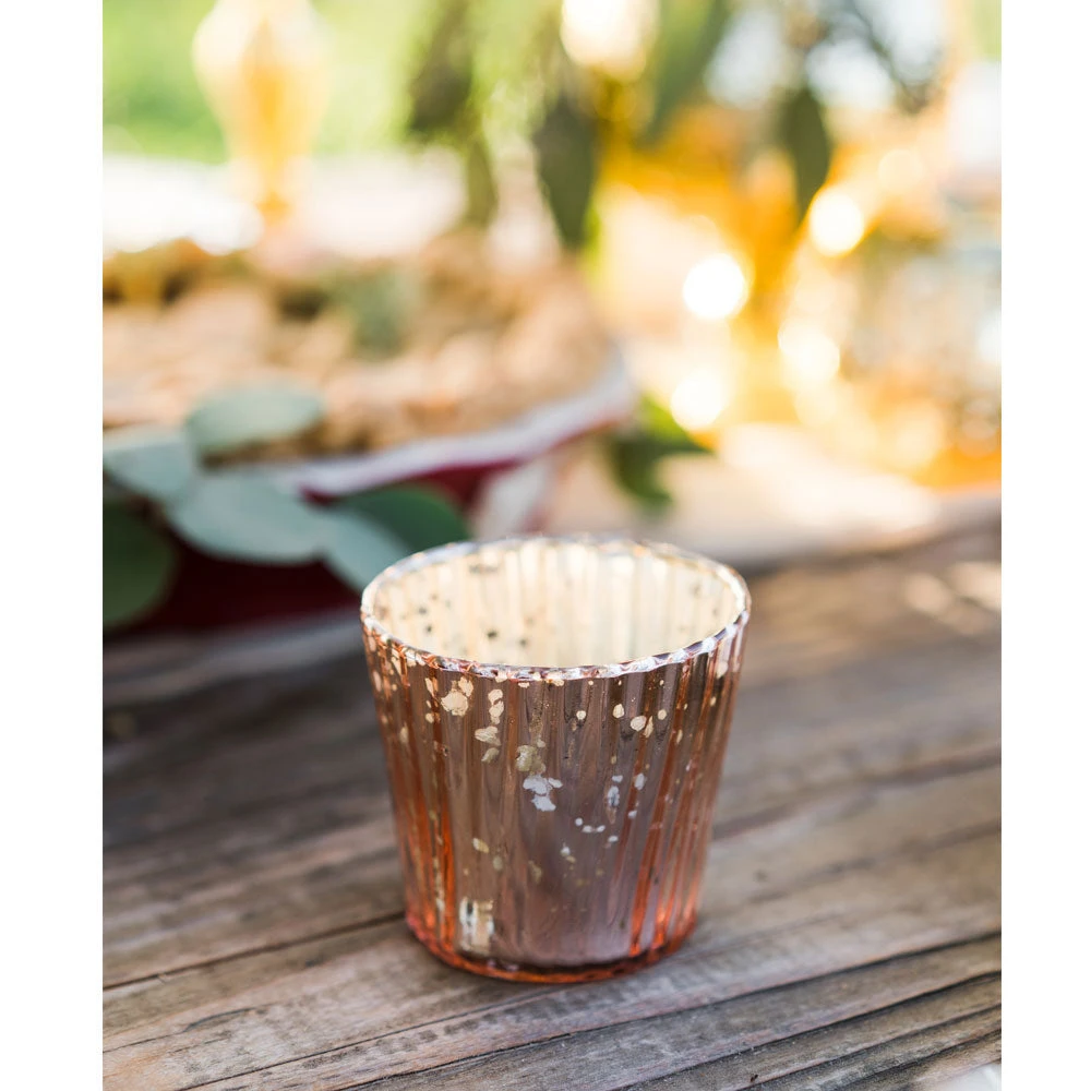 4 Pack | Vintage Mercury Glass Candle Holders (3-Inch, Caroline Vertical Design, Rose Gold Pink) - For Use With Tea Lights - Home Decor, Parties And Wedding Decorations 5 4 Pack | Vintage Mercury Glass Candle Holders (3-Inch, Caroline Vertical Design, Rose Gold Pink) - For Use With Tea Lights - Home Decor, Parties And Wedding Decorations - Image 3