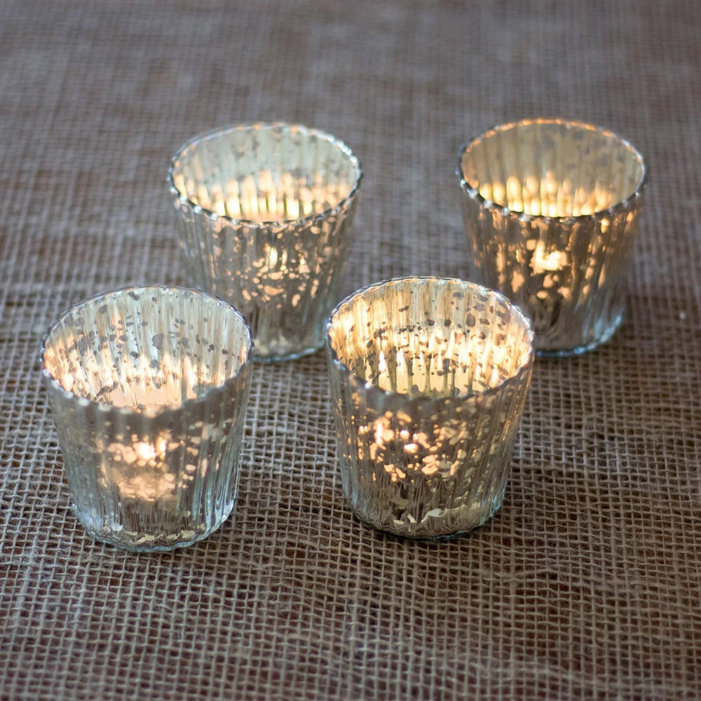 4 Pack | Vintage Mercury Glass Candle Holders (3-Inch, Caroline Design, Vertical Motif, Silver) - For Use With Tea Lights - Home Decor, Parties And Wedding Decorations 3 4 Pack | Vintage Mercury Glass Candle Holders (3-Inch, Caroline Design, Vertical Motif, Silver) - For Use With Tea Lights - Home Decor, Parties And Wedding Decorations