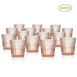 24 Pack | Vintage Glass Candle Holders (3-Inch, Caroline Design, Vertical Motif, Vintage Pink) - For Use With Tea Lights - Home Decor, Parties And Wedding Decorations
