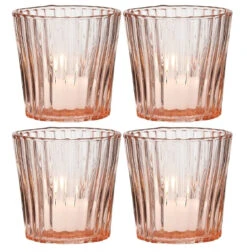 4 Pack | Vintage Glass Candle Holders (3-Inch, Caroline Design, Vertical Motif, Vintage Pink) - For Use With Tea Lights - Home Decor, Parties And Wedding Decorations