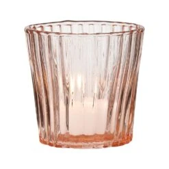 Vintage Glass Candle Holder (3-Inch, Caroline Design, Vertical Motif, Vintage Pink) - For Use With Tea Lights - Home Decor, Parties And Wedding Decorations