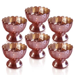 6 Pack | Vintage Mercury Glass Chalice Candle Holders (3-Inch, Suzanne Design, Sundae Cup Motif, Electric Pink) - For Use With Tea Lights - For Home Decor, Parties And Wedding Decorations