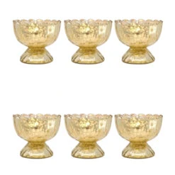 6 Pack | Vintage Mercury Glass Chalice Candle Holders (3-Inch, Suzanne Design, Sundae Cup Motif, Gold) - For Use With Tea Lights
