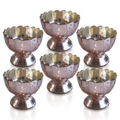 6 Pack | Vintage Mercury Glass Chalice Candle Holders (3-Inch, Suzanne Design, Sundae Cup Motif, Rose Gold Pink) - For Use With Tea Lights - For Home Decor, Parties And Wedding Decorations