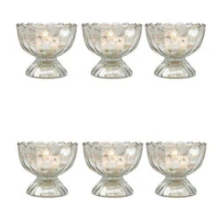 BLOWOUT 6 Pack | Vintage Mercury Glass Chalice Candle Holders (3-Inch, Suzanne Design, Sundae Cup Motif, Silver) - For Use With Tea Lights