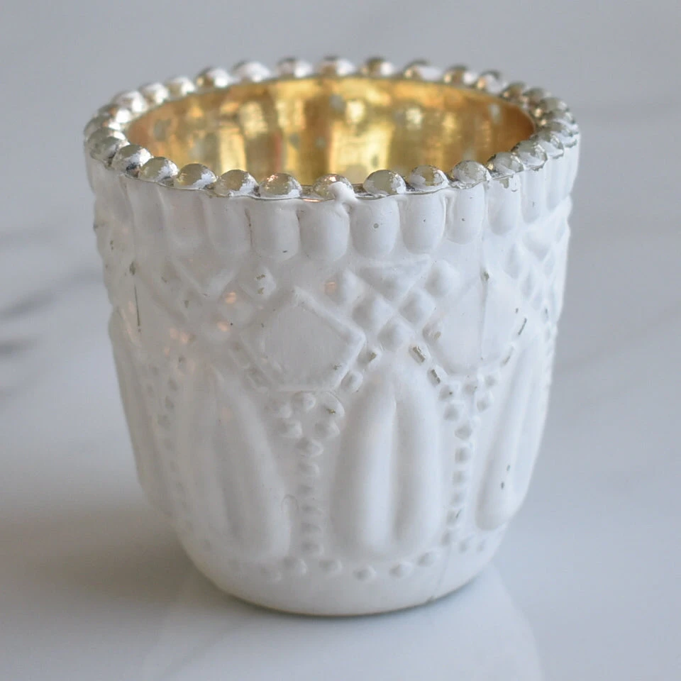 BLOWOUT 6 Pack | Faceted Vintage Mercury Glass Candle Holders (2.75-Inch, Lillian Design, Antique White) - Use With Tea Lights - For Home Decor, Parties And Wedding Decorations 4 BLOWOUT 6 Pack | Faceted Vintage Mercury Glass Candle Holders (2.75-Inch, Lillian Design, Antique White) - Use With Tea Lights - For Home Decor, Parties And Wedding Decorations - Image 2