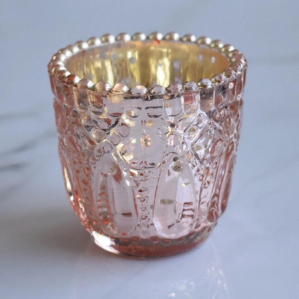 4-PACK | Faceted Vintage Mercury Glass Candle Holder (2.75-Inch, Lillian Design, Rose Gold Pink) - For Use With Tea Lights - For Home Decor And Wedding Decorations 6 4-PACK | Faceted Vintage Mercury Glass Candle Holder (2.75-Inch, Lillian Design, Rose Gold Pink) - For Use With Tea Lights - For Home Decor And Wedding Decorations - Image 4