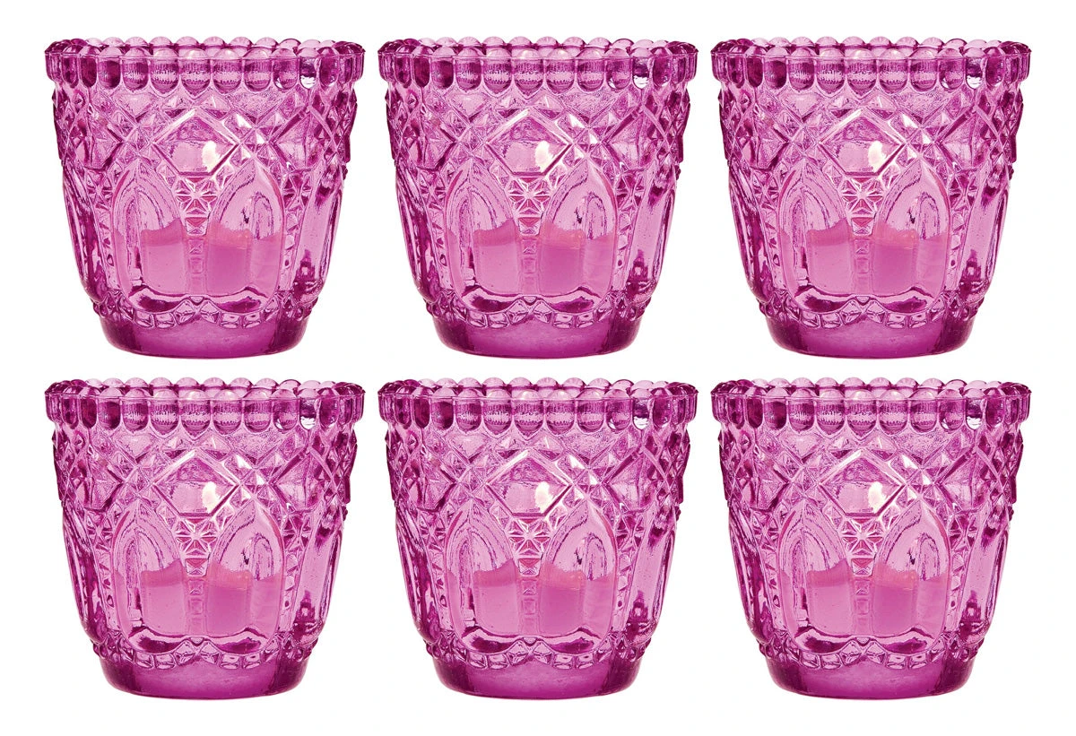 6 Pack | Faceted Vintage Glass Candle Holders (2.75-Inch, Lillian Design, Fuchsia / Hot Pink) - Use With Tea Lights - For Home Decor, Parties And Wedding Decorations 5 6 Pack | Faceted Vintage Glass Candle Holders (2.75-Inch, Lillian Design, Fuchsia / Hot Pink) - Use With Tea Lights - For Home Decor, Parties And Wedding Decorations - Image 3