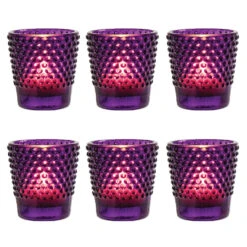 6 Pack | Vintage Hobnail Glass Candle Holder (2.25-Inches, Candace Design, Royal Purple) - For Use With Tea Lights - For Home Decor, Parties And Wedding Decorations