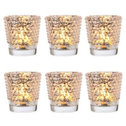 6 Pack | Hobnail Vintage Mercury Glass Glass Candle Holders (2.5-Inch, Candace Design, Silver) - For Use With Tea Lights - For Home Decor, Parties, And Wedding Decorations