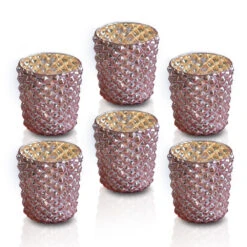 6 Pack | Vintage Mercury Glass Tealight Candle Holders (2.5-Inch, Zariah Design, Rose Gold Pink) - For Use With Tea Lights - For Home Decor, Parties And Wedding Decorations