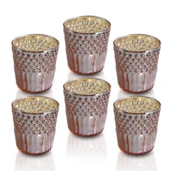 6 Pack | Mercury Glass Tealight Candle Holders (2.75-Inches, Ophelia Design, Rose Gold Pink) - For Use With Tea Lights - For Home Decor, Parties And Wedding Decorations