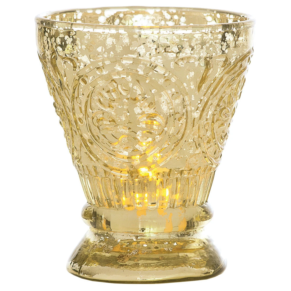 Vintage Mercury Glass Candle Holder (4-Inch, Rosemary Design, Gold) - For Use With Tea Lights - For Home Decor, Parties, And Wedding Decorations 4 Vintage Mercury Glass Candle Holder (4-Inch, Rosemary Design, Gold) - For Use With Tea Lights - For Home Decor, Parties, And Wedding Decorations - Image 2