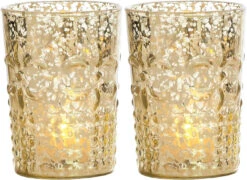 2-PACK | Vintage Mercury Glass Candle Holder (4-Inch, Fleur Design, Flower Motif, Gold) - For Home Decor, Party Decorations, And Wedding Centerpieces
